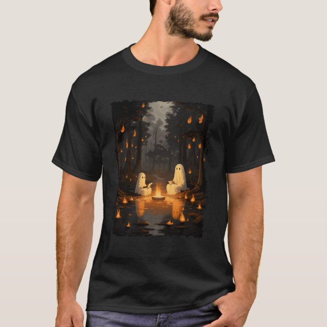 Camiseta Retro Ghost Reading Book Campfire Halloween Campin (Frente)