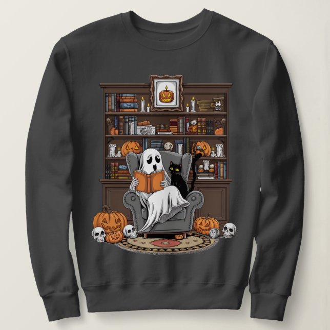 Camiseta Retro Ghost Reading Books ibrarian Ghost Halloween (Frente do Design)