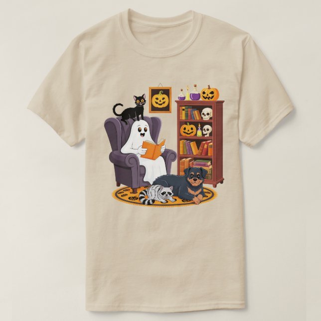 Camiseta Retro Ghost Reading Books with Black Cat Raccoon  (Frente do Design)