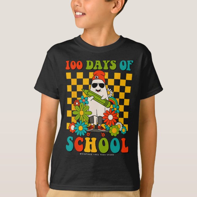 Camiseta Retro Groovy 100 Dias De Professores Crianças Ghos (Frente)