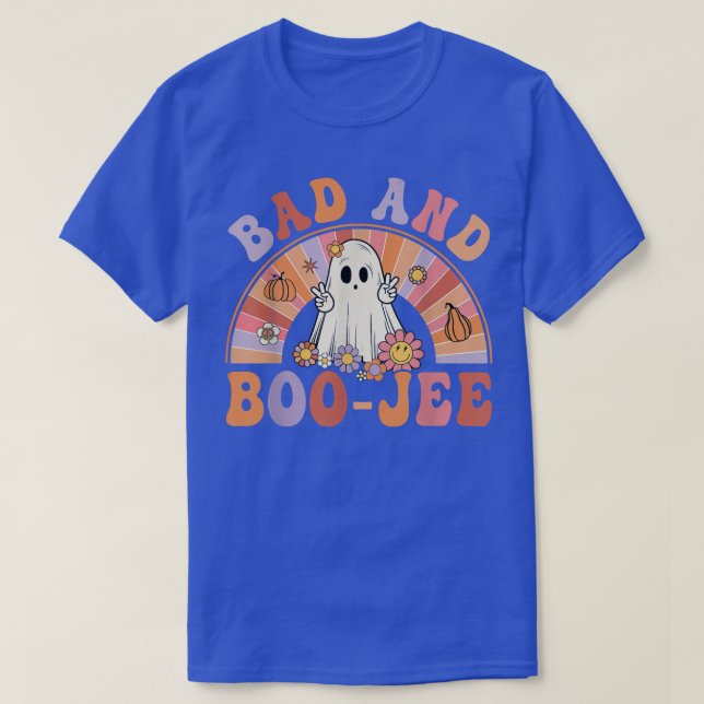 Camiseta Retro Groovy Bad E Boo-Jee Floral Ghost Hallowee (Frente do Design)