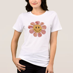 Camiseta Retro Groovy Carinha Sorridente Flor Pastel Floral