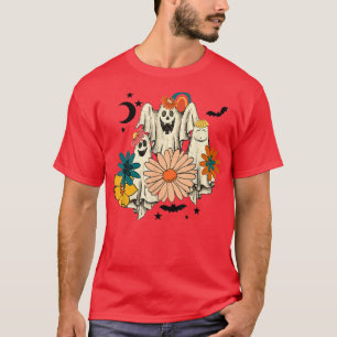Camiseta Retro Groovy Ghost Floral Halloween Spooky Season
