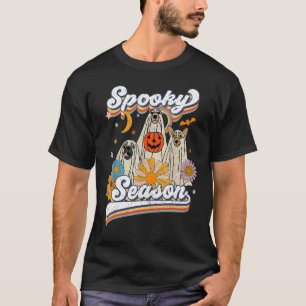 Camiseta Retro Groovy Ghost Spooky Season Floral Pumpkin Ha