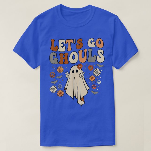Camiseta Retro Groovy Go Ghouls Ghost Hippie Hallowee (Frente do Design)