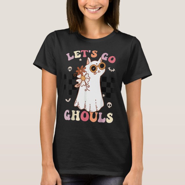 Camiseta Retro Groovy Go Ghouls Halloween Ghost Cat C (Frente)