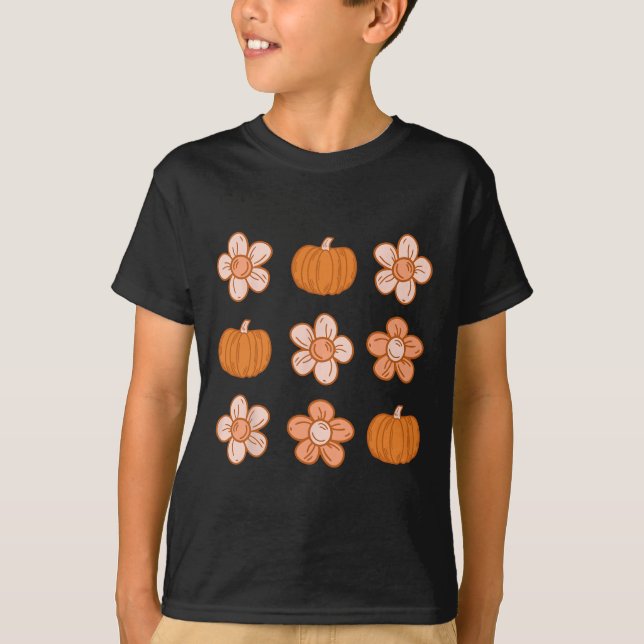 Camiseta Retro Groovy Halloween Fall Hippie Pumpkin Floral (Frente)
