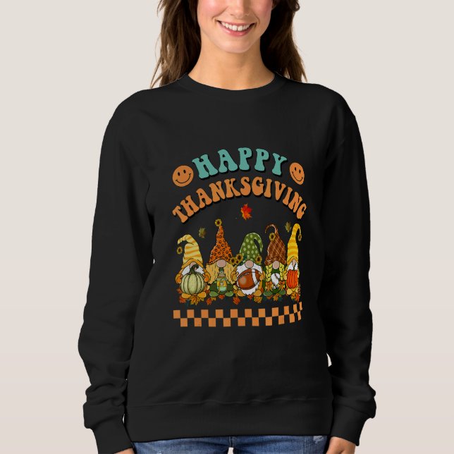 Camiseta Retro Groovy Happy Thanksgiving Fall Gnomes Pumpki (Frente)