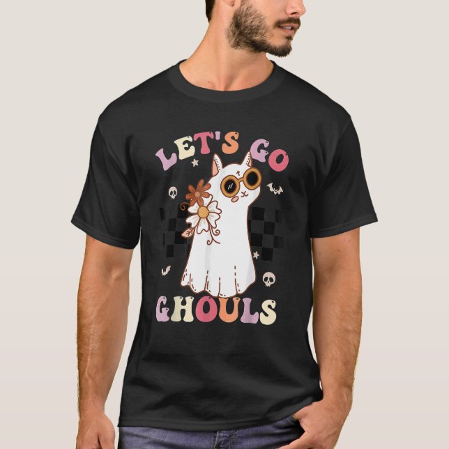 Camiseta Retro Groovy Let's Go Ghouls Halloween Ghost Cat C (Frente)