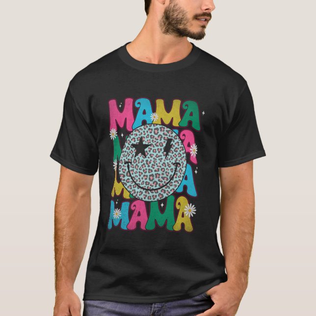 Camiseta Retro Groovy Mamãe Sorriso de Leopardo Face Mãe Fe (Frente)
