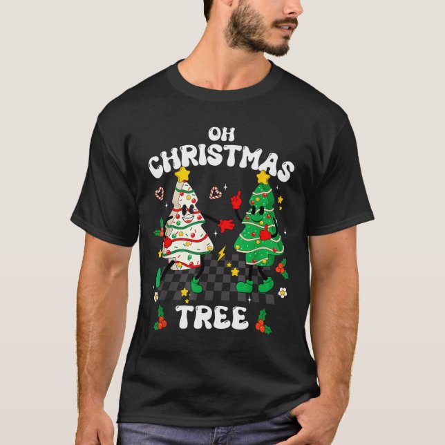 Camiseta Retro Groovy Oh Christmas Tree Cake Pajamas Xmas K (Frente)