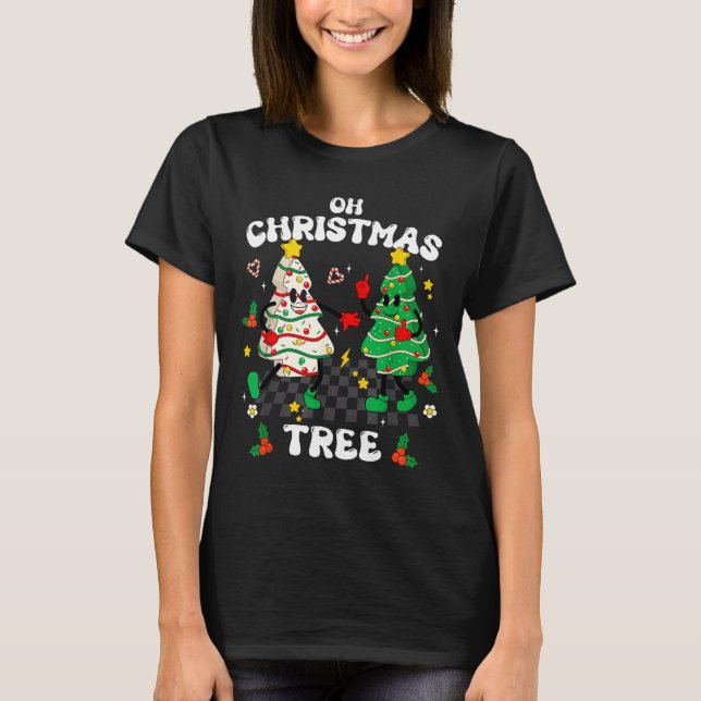 Camiseta Retro Groovy Oh Christmas Tree Cake Pajamas Xmas K (Frente)