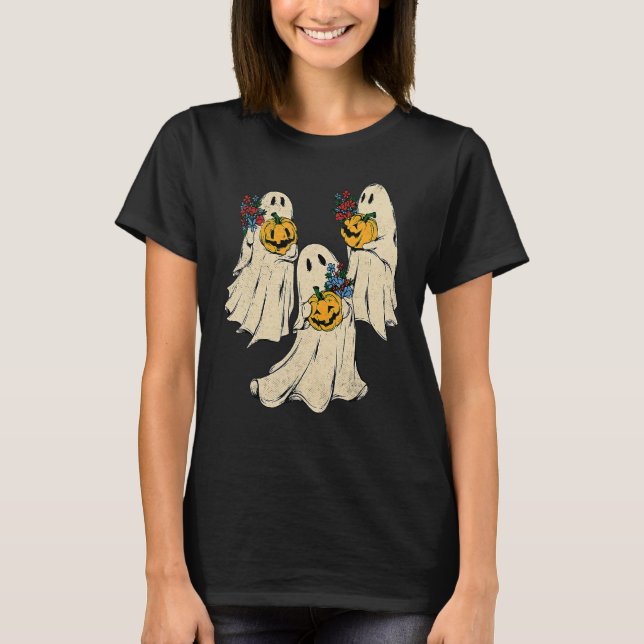 Camiseta Retro Groovy Pumpkin Ghost Figurume Halloween Flor (Frente)