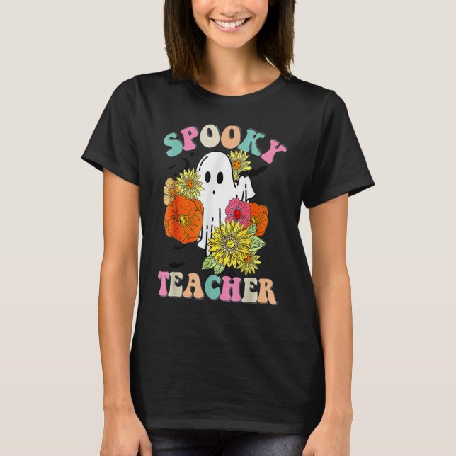 Camiseta Retro Groovy Spooky Professora Queda Fall Floral G (Frente)