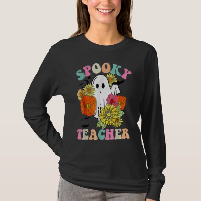 Camiseta Retro Groovy Spooky Professora Queda Fall Floral G (Frente)