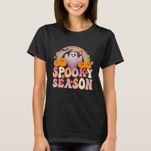Camiseta Retro Groovy Spooky Season Fantasma Floral Pumpkin