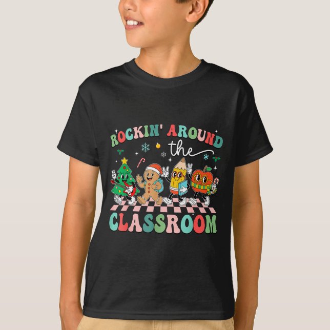 Camiseta Retro Groovy Teacher Christmas Rockin' Around The  (Frente)