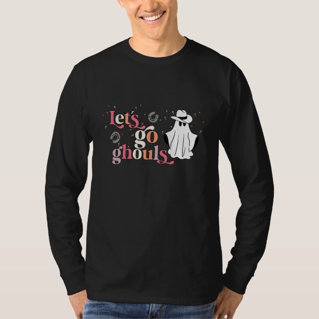 Camiseta Retro Groovy Vamos Lá Espíritos de Halloween Corre (Frente)