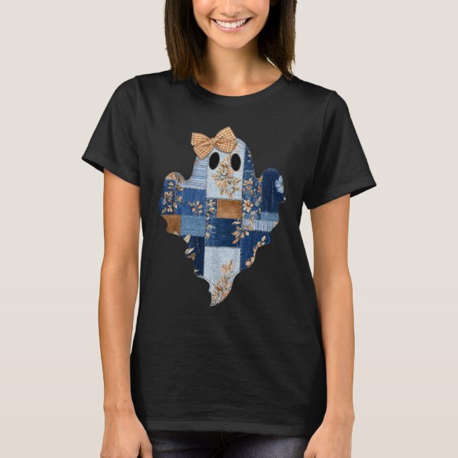 Camiseta Retro Halloween Blue Denim Patchwork Ghost Boo Coq (Frente)