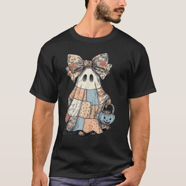 Camiseta Retro Halloween Blue Denim Patchwork Quilt Ghost S (Frente)