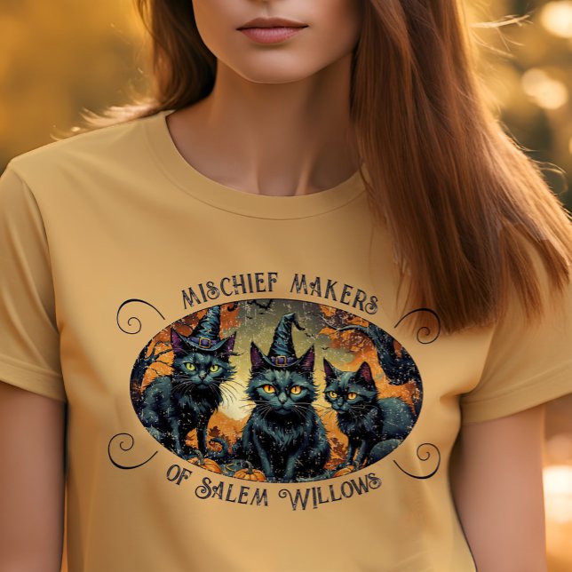 Camiseta Retro Halloween Mishead Black Cats + Nome do Grupo (Mischief makers retro black kittens Halloween group tee for spooky season fun!)