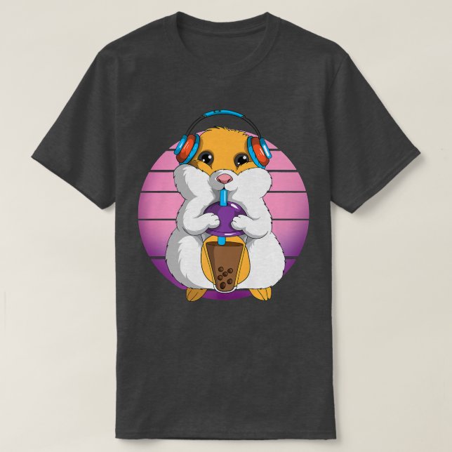 Camiseta Retro Hamster K-Pop Tea Drink Headphone Music Kawa (Frente do Design)
