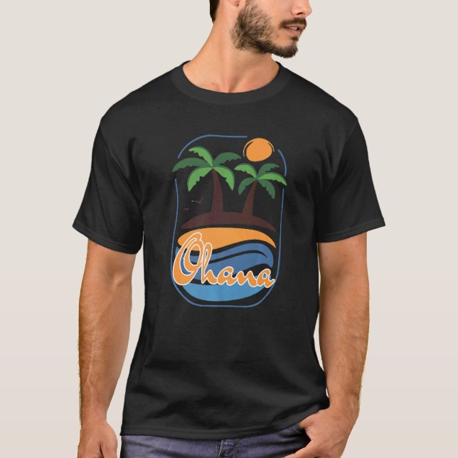 Camiseta Retro Havaí Ohana Tropical Havaiana para Homens e  (Frente)