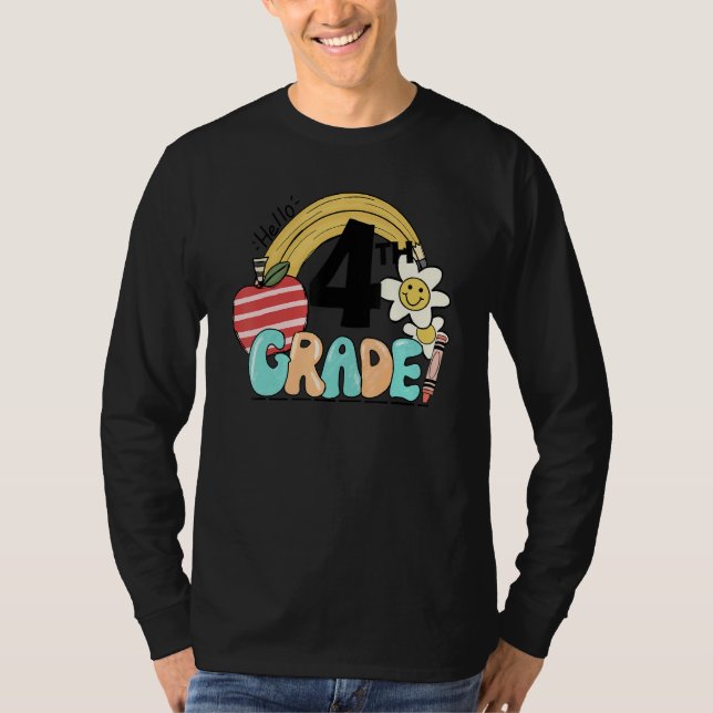 Camiseta Retro Hello 4th Grade Floral Rainbow Fourth Grade  (Frente)