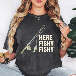 Camiseta Retro Here Fishy Fishy Fishing Rod & Fish Design