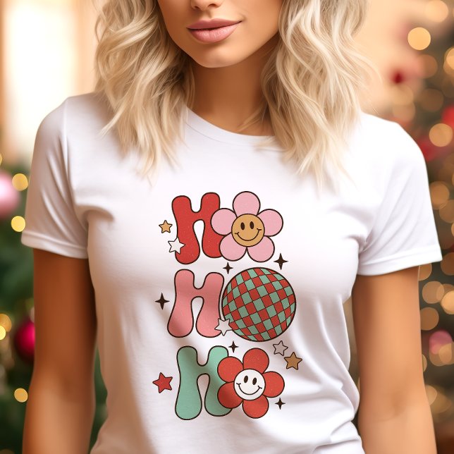 Camiseta Retro Ho Ho Ho Colorido Flor de Natal (Criador carregado)