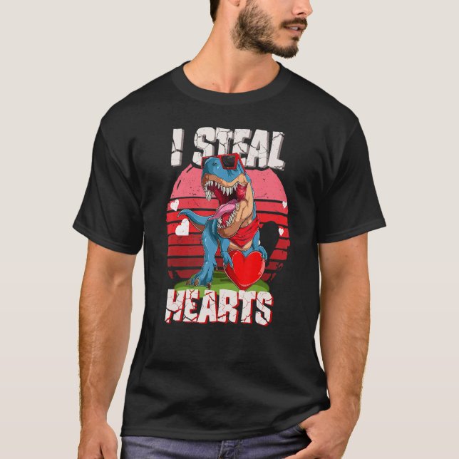 Camiseta Retro I Steal Hearts Valentines Day Dinosaur Boys  (Frente)