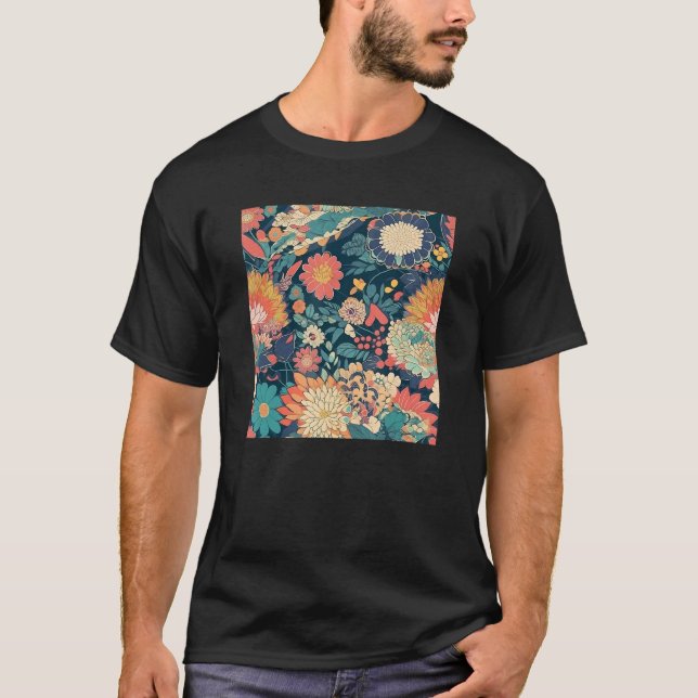 Camiseta Retro Japanese Flower Woodblock Abstract Floral Pa (Frente)
