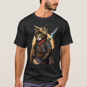Camiseta Retro Japonês Samurai Cat Bushido Warrior Sword V