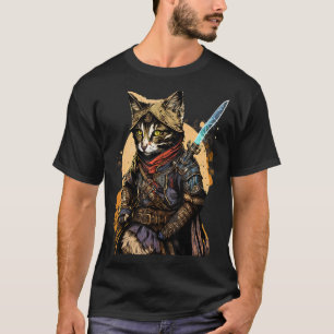 Camiseta Retro Japonês Samurai Cat Bushido Warrior Sword V