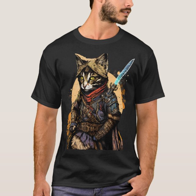 Camiseta Retro Japonês Samurai Cat Bushido Warrior Sword V (Frente)