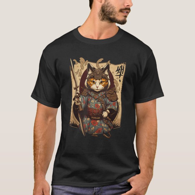 Camiseta Retro Japonês Samurai Ninja Cat Kawaii Tattoo Gra (Frente)
