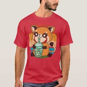 Camiseta Retro Kawaii Red Panda Boba Bubble Tea Japonês E