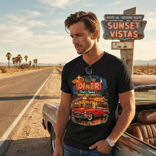 Camiseta Retro Lanchonete Neon dos Anos 50 Carro Clássico