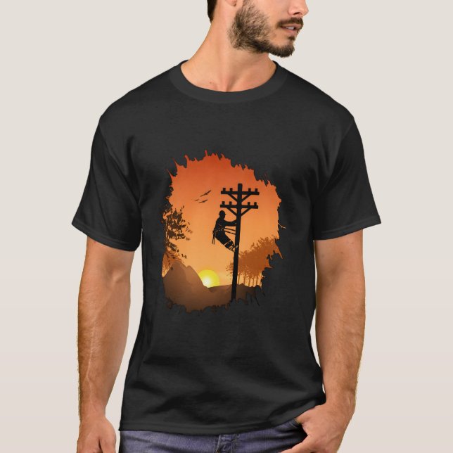 Camiseta Retro Lineman Sunset Padre Men Electric Cable Lin (Frente)