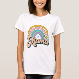 Camiseta Retro Mama Arco-Íris Floral Pastel Groovy dos An