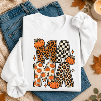Camiseta Retro Mama Outono Abóbora Leopardo