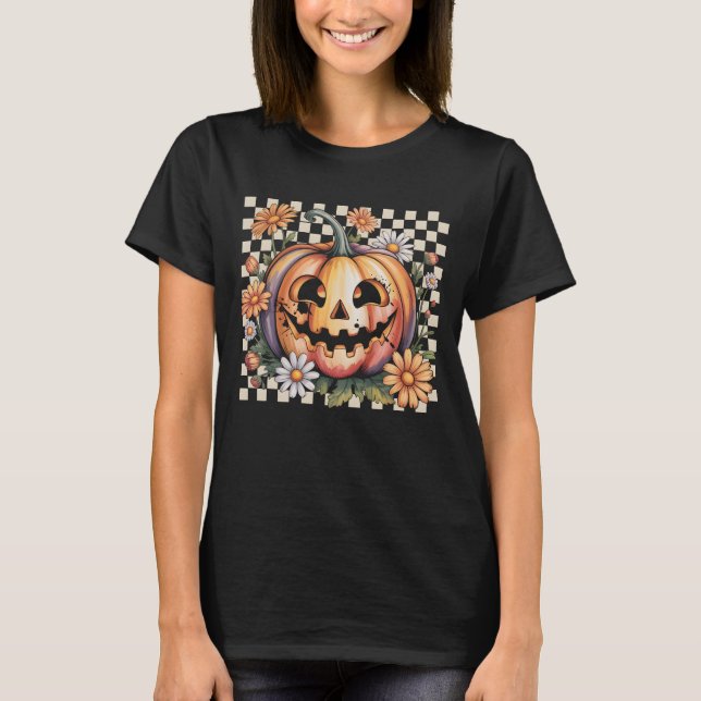 Camiseta Retro Margarida Abóbora Lanterna de Jack Halloween (Frente)