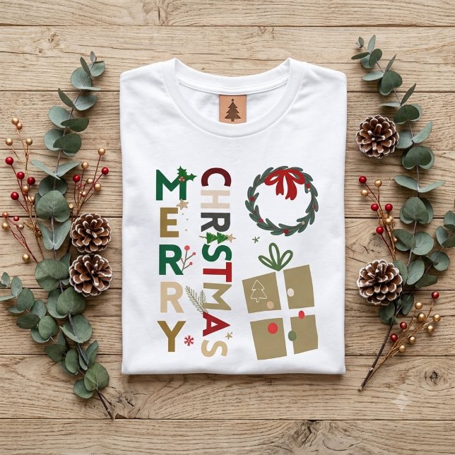 Camiseta Retro Merry Christmas Typographic Wreath and Gift (Criador carregado)