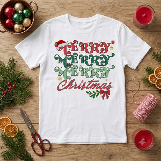 Camiseta Retro Merry Merry Merry Christmas Groovy Typograph