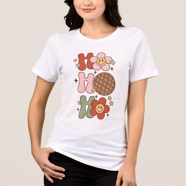 Camiseta Retro Natal Ho Ho Ho Happy Face e Disco Ball (Frente)