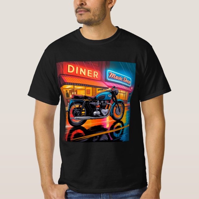 Camiseta Retro Neon Motorcycle — Cafe Racer Men’s (Frente)