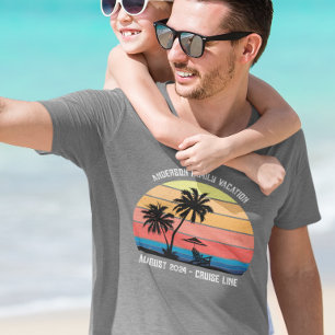Camiseta Retro Palm Tree Sunset Cruise Férias Familiares