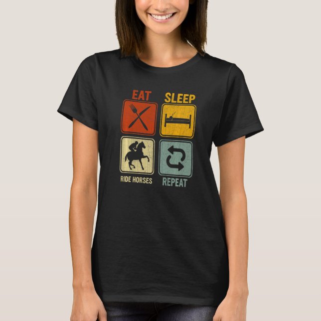 Camiseta Retrô Para Cavalos De Corrida Do Sono De Comida Eq (Frente)