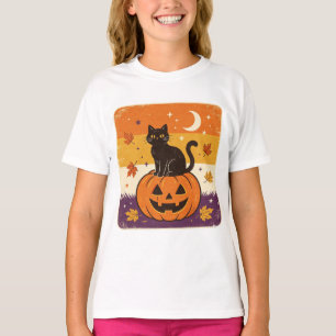 Camiseta Retro Patch de Abóbora Gato Aconchegante Outono Te
