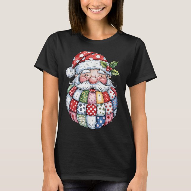 Camiseta Retro Patchwork Santa Claus Feliz de Natal (Frente)